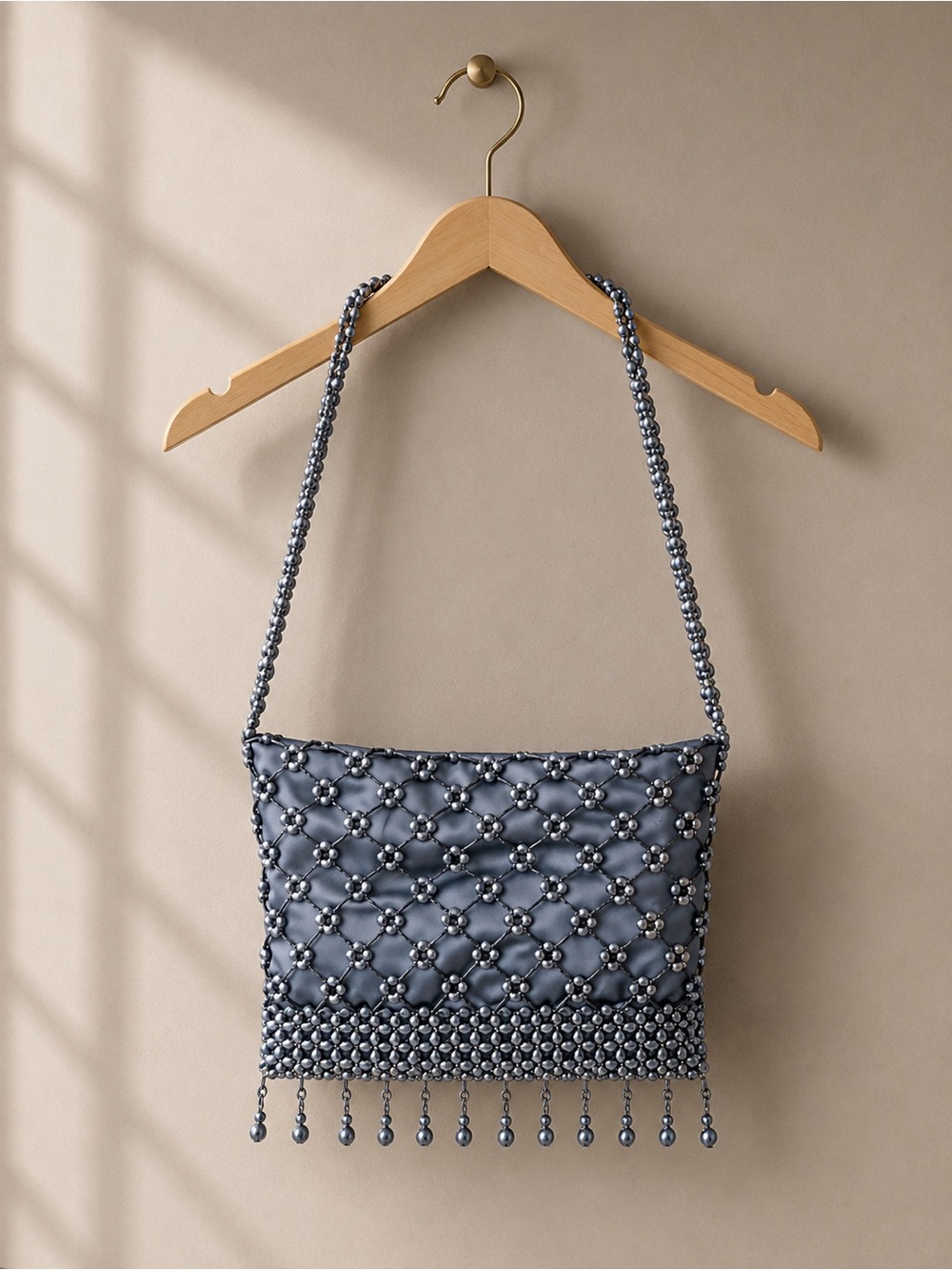 Vintage Beaded Evening Bag Gunmetal Gray Zippered Top Access